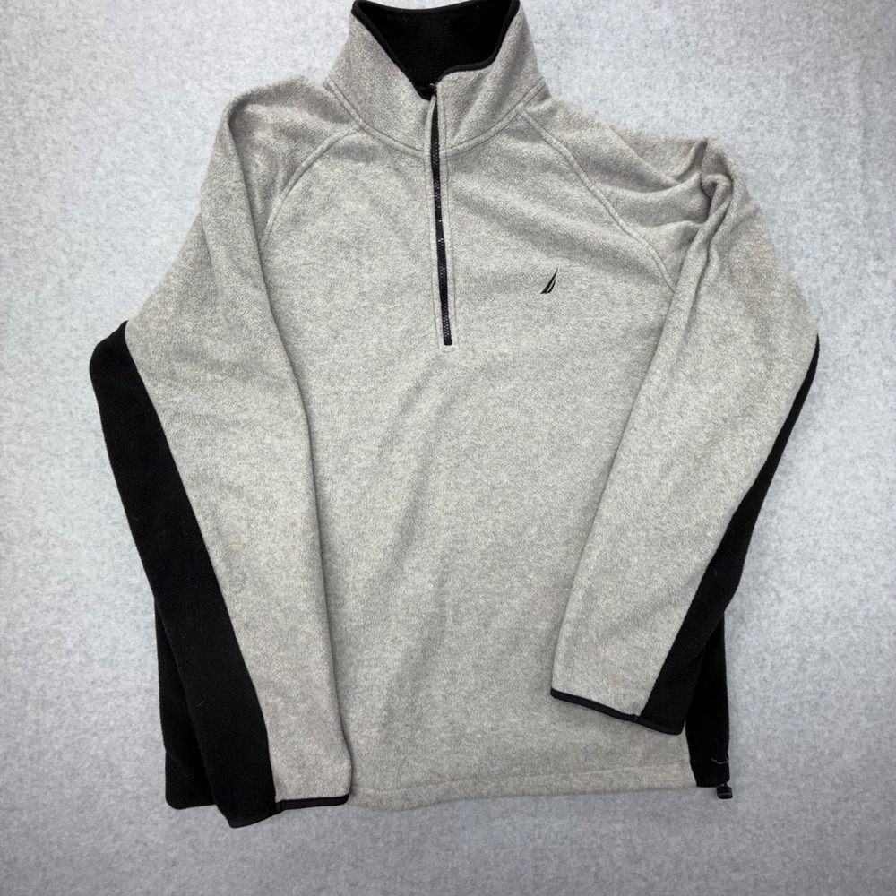 Nautica Mens XXL Fleece Pullover 1/4 Zip Gray Black Mock‎ Neck Logo Sweater 0560